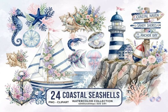 Download Coastal Seashells Watercolor Clipart PNG - Png Collection