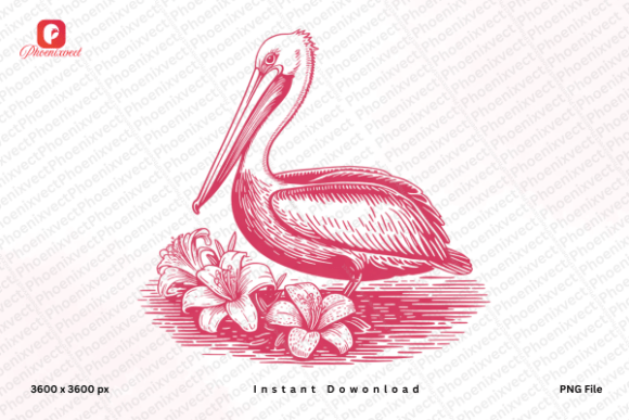 Download Vintage Tropical Floral Pelican Bird PNG - Png Collection