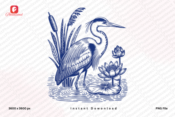 Download Hand Drawn Vintage Floral Heron Bird PNG - Png Collection