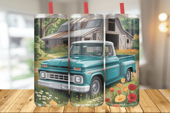 Download Old Truck Flower Meadow Tumbler Wrap PNG - Png Collection